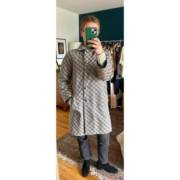 Vintage Patterned A-Line Coat Size Small, Blue and Beige | 60's Style Mod Coat - Picture 2 of 8